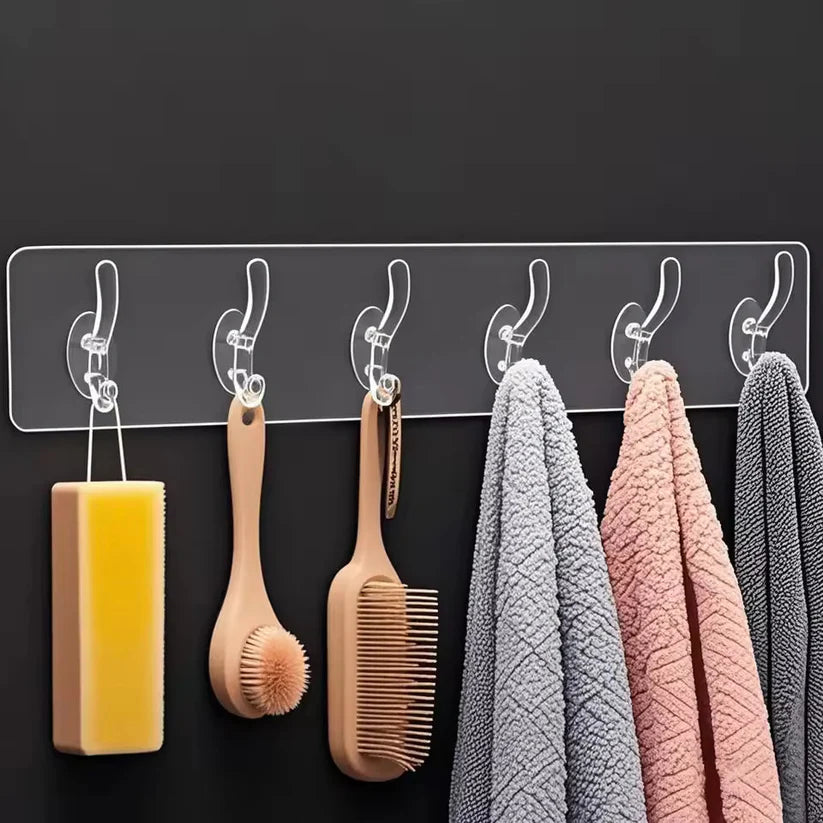 Self Adhesive 6 Row Transparent Wall Hooks | Pack of 3