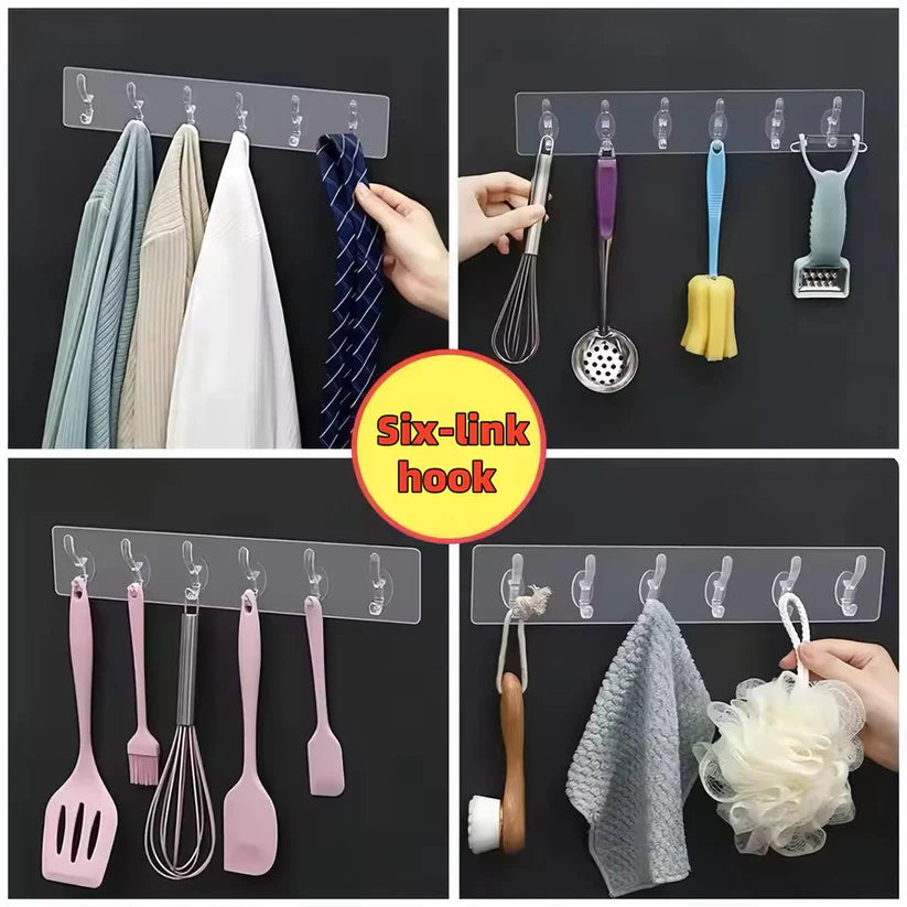 Self Adhesive 6 Row Transparent Wall Hooks | Pack of 3